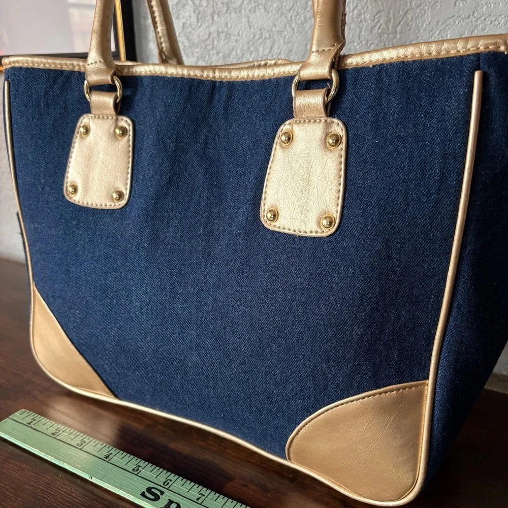 Neiman Marcus Denim & Metallic Gold Faux Leather Tote Bag Large Y2K Shoulder Bag